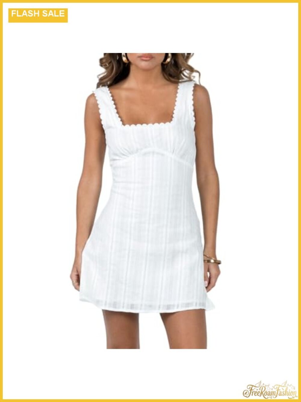 Women's Sleeveless Square Neck Lace Trim A-Line Mini Dress